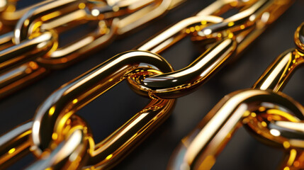 Poster - Shiny gold metal chains linked together, reflecting light beautifully. intricate details and smooth surfaces create striking visual effect