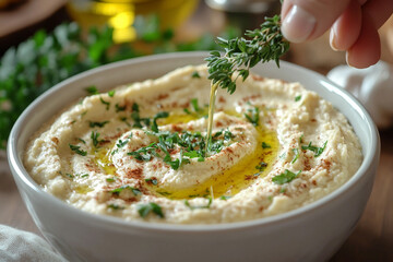 Canvas Print - Generative AI image of creamy hummus garnished with fresh parsley and olive oil for healthy lunch or dinner