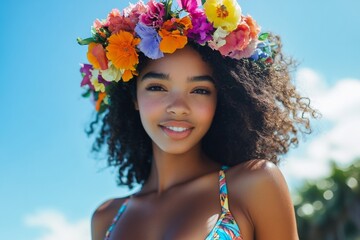 Smiling young african female with floral crown in a vibrant summer setting