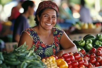 Hispanic female vendor smiling at outdoor market stall with fresh vegetables