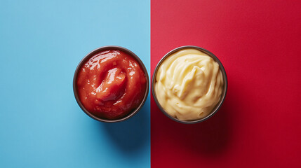 Wall Mural - Ketchup and mayonnaise face to face to each other on different sides, blue and red design background.