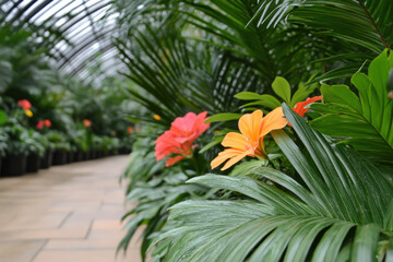 Wall Mural - A row of potted plants with green leaves and red flowers