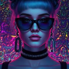 Wall Mural - Neon portrait of young caucasian female with sunglasses and fashion accessories