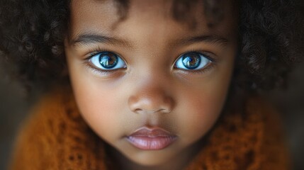 Wall Mural - A young girl with brown hair and blue eyes. She is wearing a brown sweater. The girl has a very cute and innocent look on her face