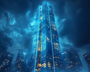 Poster - Futuristic Glowing Skyscraper Symbolizing Collaborative Business Teamwork and Massive Achievements