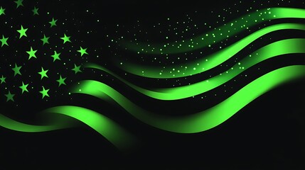 Poster - St. Patrick's day Abstract Neon Green American Flag with Waving Stripes and Stars on Black Background