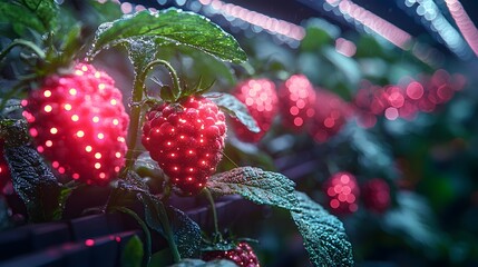 Poster - Vibrant Futuristic Farm With Glowing Biotechnological Monitors Displaying Holographic DNA Efficiency Data for Smart Agriculture Concept