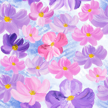 Fototapete -  - Seamless pattern of abstract pink and purple flowers, original hand drawn, impressionism style, color texture, brush strokes of paint, art background.
