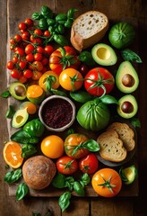 Wall Mural - vibrant display fresh colorful ingredients artfully arranged enticing food flat lay presentation, herbs, spices, vegetables, fruits, arrangement, platter