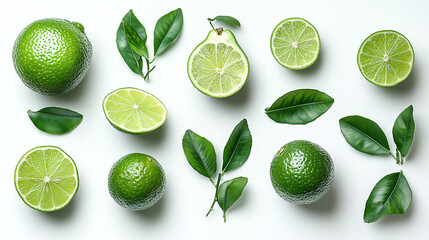 Wall Mural - Green lime collection, whole fruit and cut in half, with natural leaves, isolated on a white background.