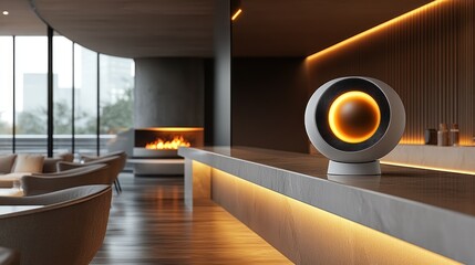 Poster - Modern lounge bar with glowing orb, city view, fireplace