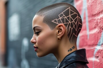 Profile of young hispanic female with geometric shaved hair design