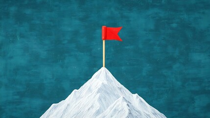 Wall Mural - A snowy mountain peak with a red flag atop, symbolizing achievement and aspiration against a teal background.