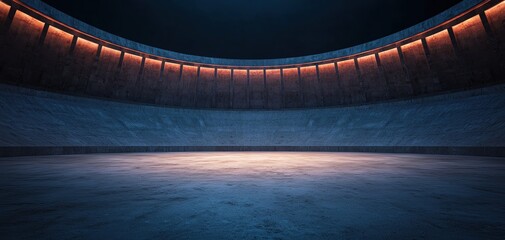 Poster - A modern, minimalist indoor space with warm lighting and a concrete floor.