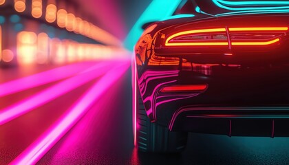 Poster - A sleek car illuminated by vibrant neon lights in a futuristic urban setting.