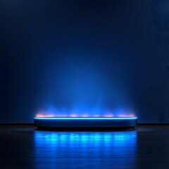 Poster - Futuristic Floating Podium with Glowing Energy Beams in Dark High Tech Room for Product Display Concept