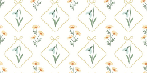 Vintage seamless pattern with spring flowers and ribbons. Snowdrops, daisies