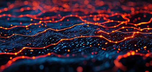 Poster - abstract representation of digital waves with glowing red and blue lines.