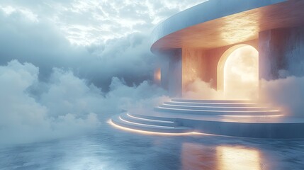 Poster - sleek glowing glass podium with soft ambient lighting and mist in futuristic minimalist room for pro