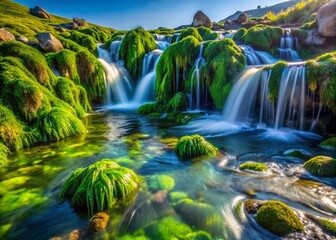 Wall Mural - Bokeh Waterfall Cascading over Slimy Seaweed Valley - Stunning Nature Photography