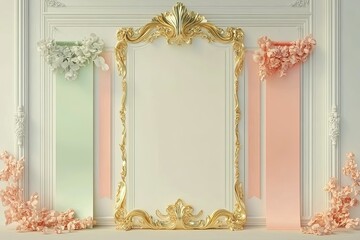 Canvas Print - Ornate Gold Frame with Pastel Flowers and Ribbons