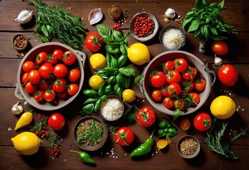 Wall Mural - vibrant flat lay fresh seasonal ingredients colorful spices showcasing bounty eye catching arrangement, assortment, colors, cooking, culinary, display, diet