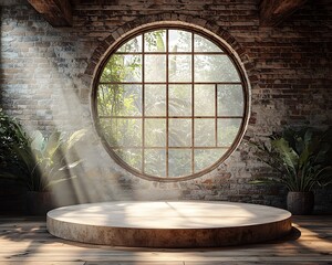 Poster - minimalist podium in softly lit industrial loft with exposed brick walls and large windows