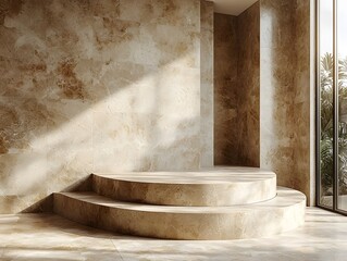Poster - minimalist ceramic podium against textured beige background for elegant product display and presenta