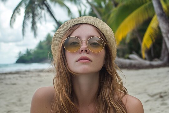 Young caucasian female on tropical beach wearing sunglasses and straw hat