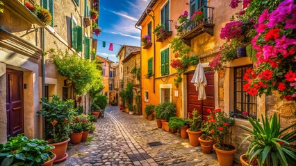 Wall Mural - Charming Mediterranean Alleyway: Sun-Drenched Cobblestone Street in Historic City