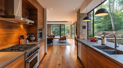 Wall Mural - Modern open-concept kitchen with hardwood floors, stone wall, and backyard view. Interior design for use in magazines or websites