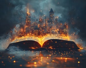 Poster - Futuristic Metropolis Illuminated by Glowing Skyscrapers Emerging from Open Books Symbolizing Education s Empowering Role in Innovation