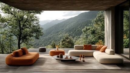 Poster - Modern outdoor living room with mountain view