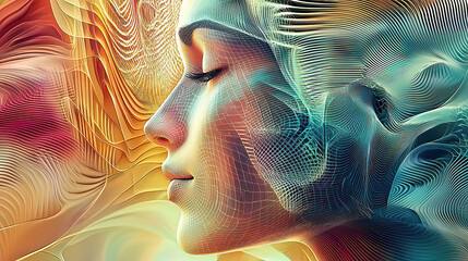 Wall Mural - AI generated with intricate fractal designs artwork a detailed painting with vibrant colors. Abstract Portrait of a Woman with Vibrant Colorful Patterns