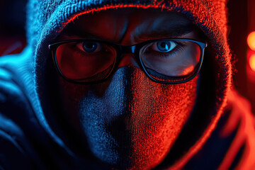 Poster - Intense focus under mysterious glow hooded figure eyes piercing through shadows