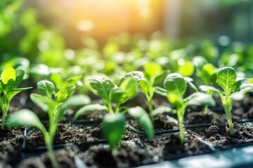 Wall Mural - Close-up of tender green seedlings basking in natural sunlight within a lush greenhouse, sustainable gardening concept