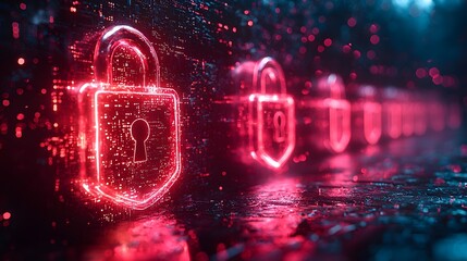 Poster - glowing cyber security shields protecting business files and servers in a vibrant office environment