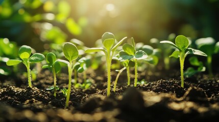 Wall Mural - Vibrant green seedlings sprouting in nutrient-rich soil, natural sunlight, gardening and growth concept