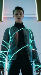 Wall Mural - Young caucasian male in futuristic led outfit with leather jacket and turtleneck