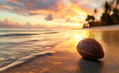 Canvas Print - A coconut resting on a tropical beach at sunset, with warm golden light reflecting on the shoreline and ocean waves.
