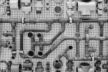 Aufkleber - Wall of pipes and fittings with black and white filter. Industrial and mechanical background concept