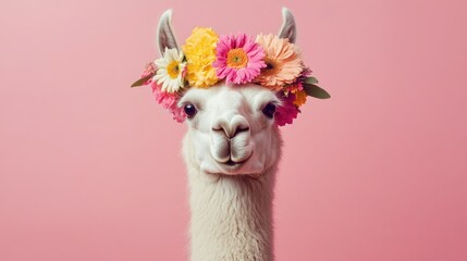 Aufkleber - A beautifully styled llama with a vibrant floral crown, standing gracefully against a warm pink backdrop.