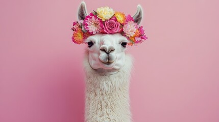 Aufkleber - A beautifully styled llama with a vibrant floral crown, standing gracefully against a warm pink backdrop.