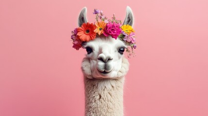 Aufkleber - A beautifully styled llama with a vibrant floral crown, standing gracefully against a warm pink backdrop.
