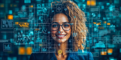 Poster - smiling professional woman with glasses analyzing digital data and metrics in a futuristic virtual i