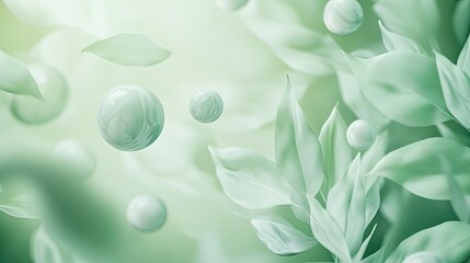 Aufkleber - A dreamy, mint-green scene with gracefully arranged leaves and floating spheres, offering a harmonious blend of nature and elegance.