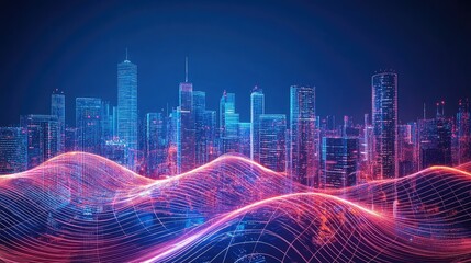Fototapete - A high-tech city with radiant neon light waves flowing through the skyline, blending future and present.