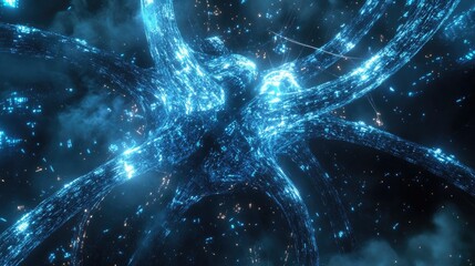 Poster - A high-tech visualization of a network structure with dynamic connections and glowing blue elements.