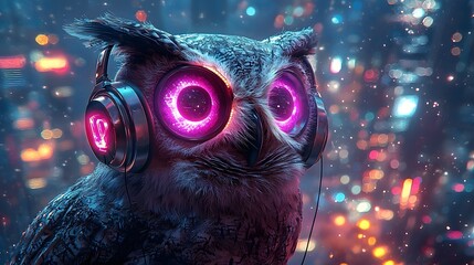 Poster - Futuristic Robotic Owl Perched on Glowing Skyscraper with Neon Skyline
