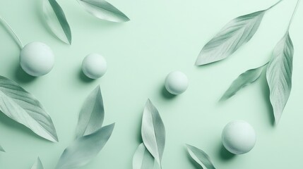 Aufkleber - A minimalist mint-green composition featuring soft, organic leaves and scattered decorative spheres, evoking serenity and freshness.